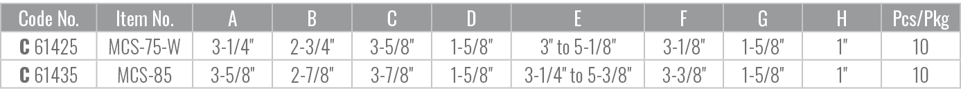 Code No.,Item No.,A,B,C,D,E,F,G,H,Pcs/Pkg,C 61425,MCS 75 W,3 1/4\“,2 3/4\",3 5/8\",1 5/8\",3\" to 5 1/8\",3 1/8\",1 5...