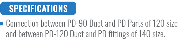 SPECIFICATIONS,Connection between PD 90 Duct and PD Parts of 120 size and between PD 120 Duct and PD fittings of 140 ...