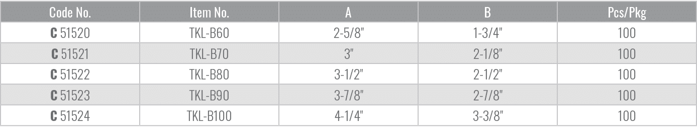 Code No.,Item No.,A,B,Pcs/Pkg,C 51520,TKL B60,2 5/8\“,1 3/4\",100,C 51521,TKL B70,3\",2 1/8\",100,C 51522,TKL B80,3 1...
