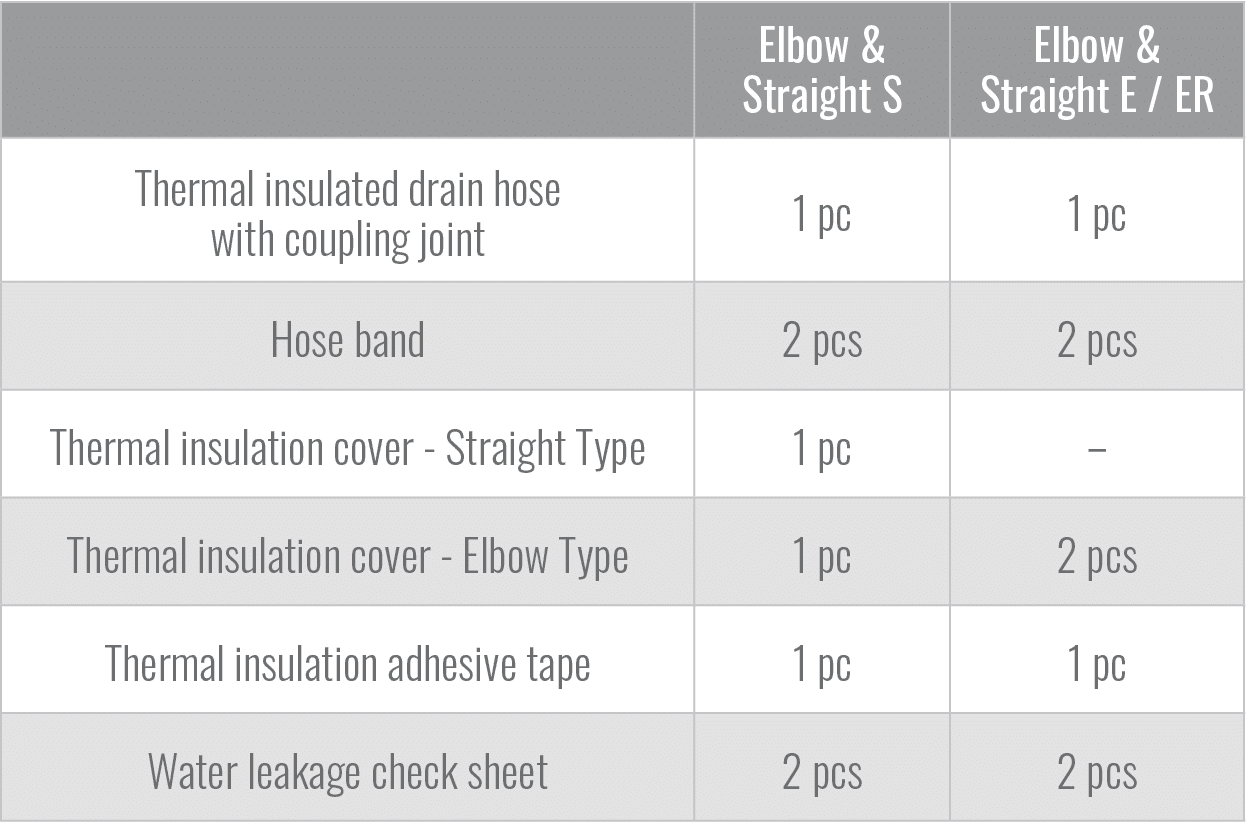 ,Elbow & Straight S,Elbow & Straight E / ER,Thermal insulated drain hose with coupling joint,1 pc,1 pc,Hose band,2 pc...